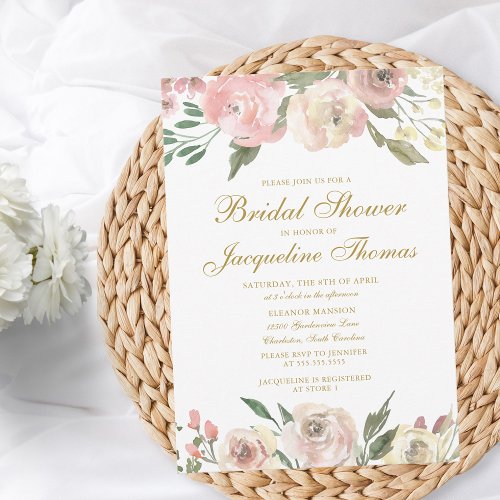 Elegant Blush Pink Ivory Gold Floral Bridal Shower Invitation