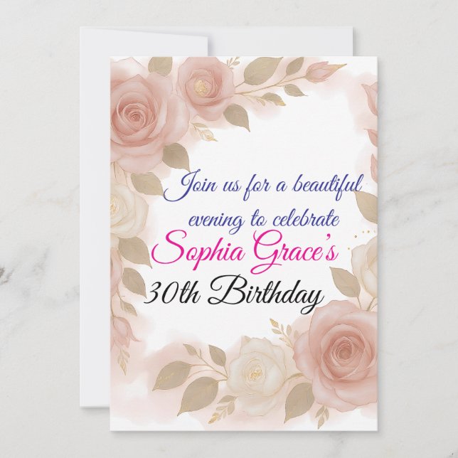Elegant Blush Pink & Ivory Rose Birthday Invite (Front)