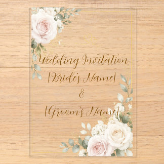 Elegant Blush Pink & Ivory Roses Gold Wedding Flor Petite Acrylic Invitation