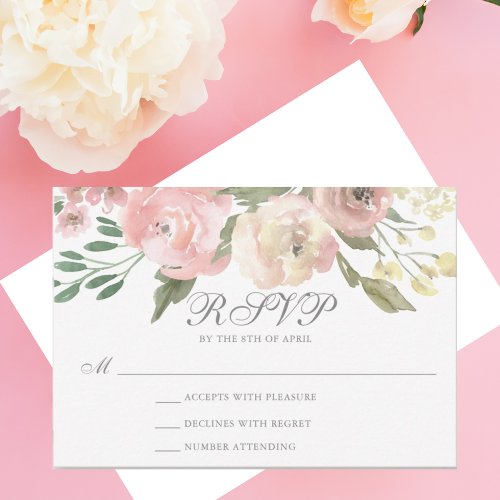 Elegant Blush Pink Ivory Sage Floral Wedding RSVP Card