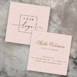 Elegant blush pink linen look custom logo square business card<br><div class="desc">Square, professional business cards or personal profile cards with a with a printed, light blush pink linen image and your custom logo on the front. On the back are template fields for name, title/company name/specialty and contact information. An elegant, classy design ideal for a spa, studio, makeup artist, beautician, wedding...</div>