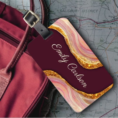 Elegant blush pink marble art faux gold glitter luggage tag