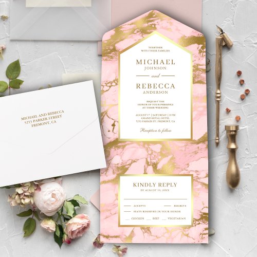 Elegant Blush Pink Marble Faux Gold Foil Wedding All In One Invitation