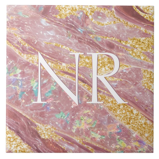  Elegant Blush Pink Marble & Glitter Cute Monogram Ceramic Tile (Front)
