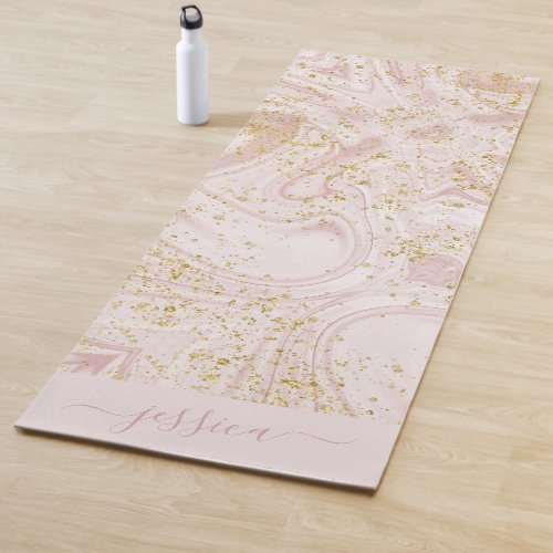 Elegant blush pink marble gold glitter script name yoga mat
