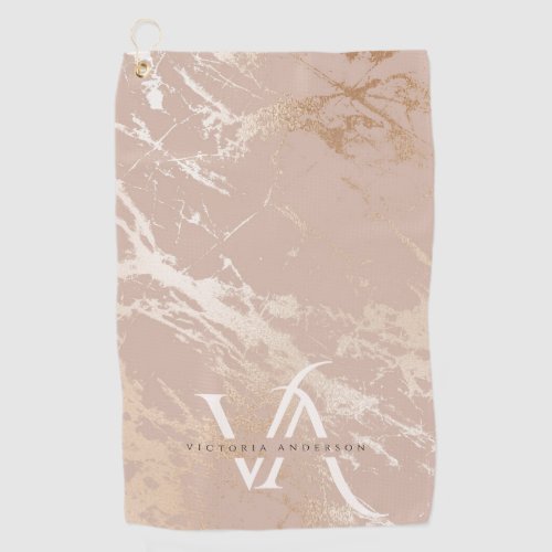 Elegant Blush Pink Marble Gold Monogram Custom Golf Towel