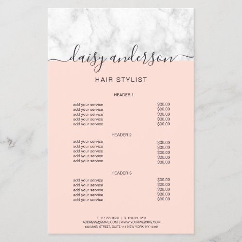Elegant blush pink marble hair stylist price list flyer