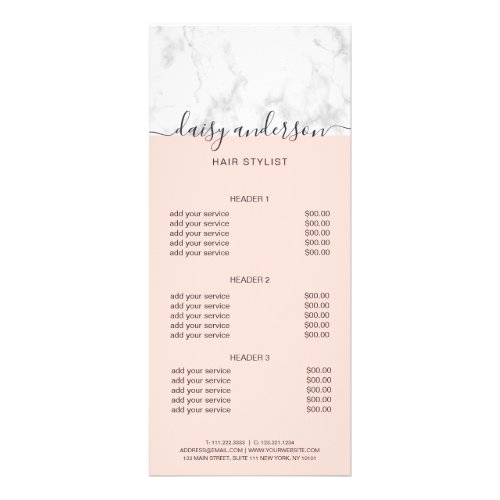 Elegant blush pink marble hair stylist price list rack card