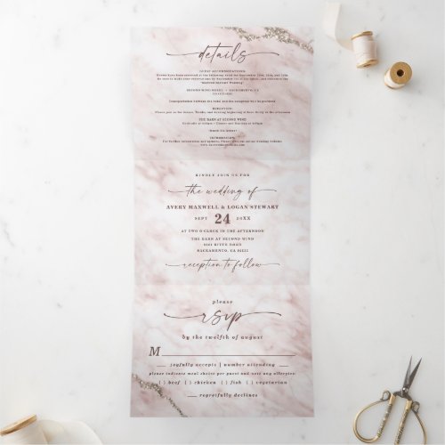 Elegant Blush Pink Metallic Marble Wedding Tri_Fold Invitation
