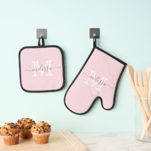 Elegant Blush Pink Minimal Name and Monogram Oven Mitt & Pot Holder Set