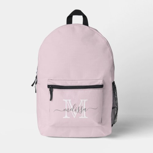 Elegant Blush Pink Minimal Name and Monogram Printed Backpack