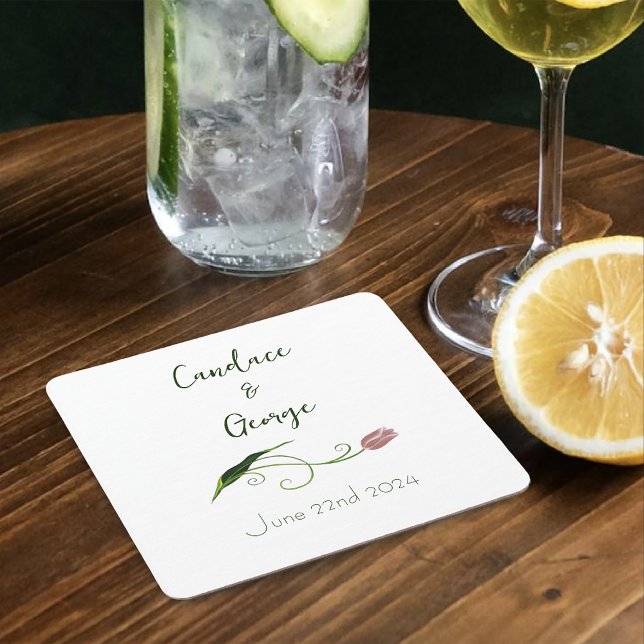 Elegant Blush Pink Minimalist Tulip Floral Square Paper Coaster (Creator Uploaded)