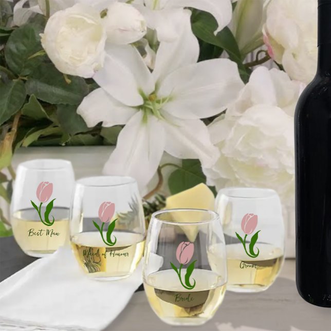 Elegant Blush Pink Minimalist Tulip Floral Stemless Wine Glass (Creator Uploaded)