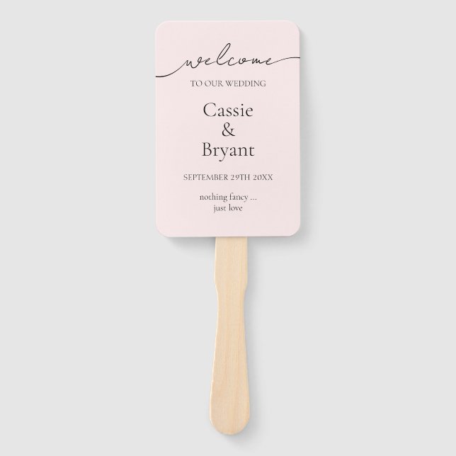 Elegant Blush Pink Modern Script Wedding Program Hand Fan (Front)