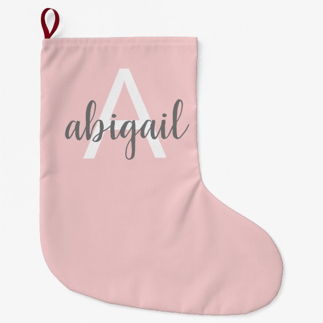 Elegant Blush Pink Modern Stylish Monogram Name Large Christmas Stocking (Front)