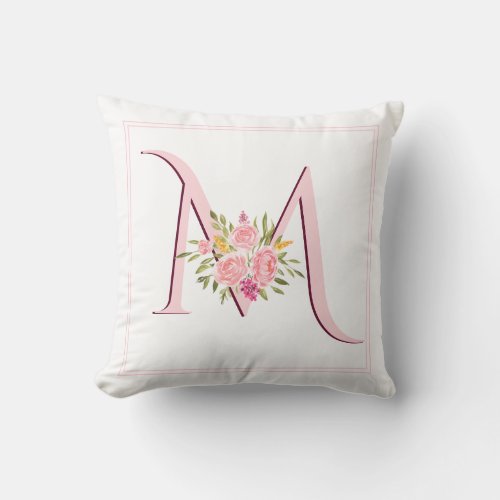 Elegant blush pink monogram and roses floral throw pillow