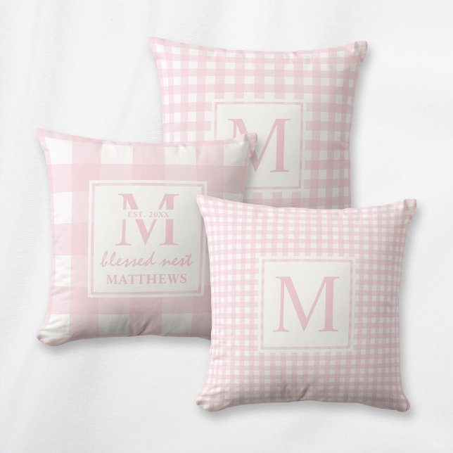 Elegant Blush Pink Monogram Classic Gingham Throw Pillow (Classic pink and white Gingham pattern pillow with elegant custom monogram. Stylish farmhouse decor.)