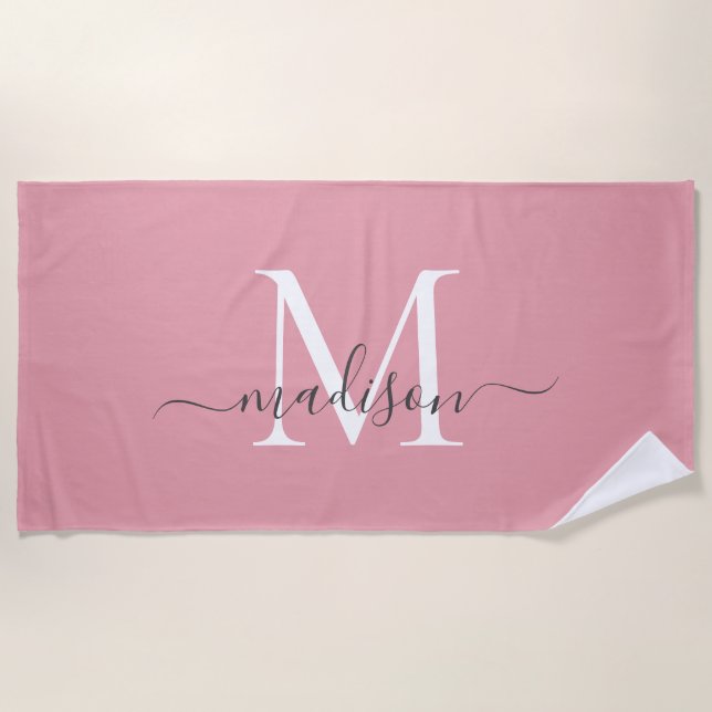 Elegant Blush Pink Monogram Feminine Gray Script Beach Towel (Front)