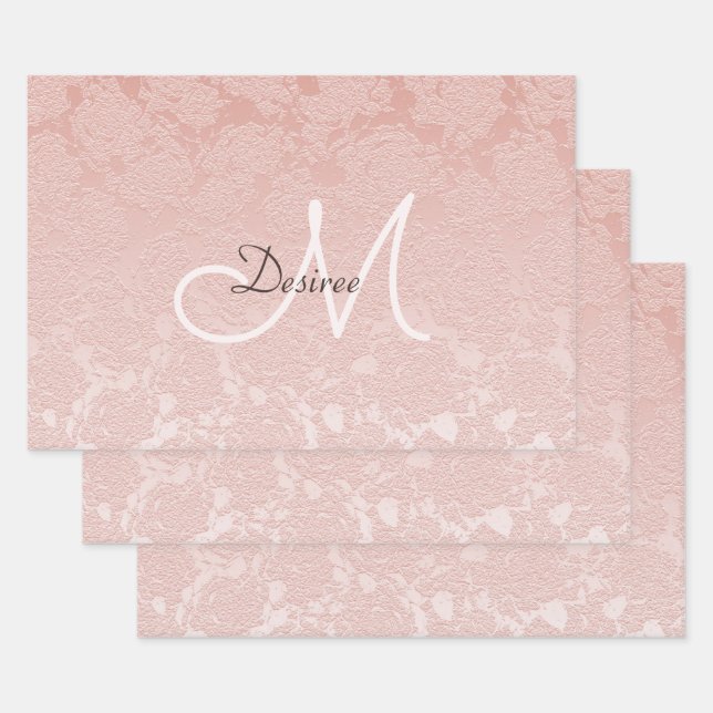 Elegant Blush Pink Monogram Floral Modern Art Wrapping Paper Sheets (Set)