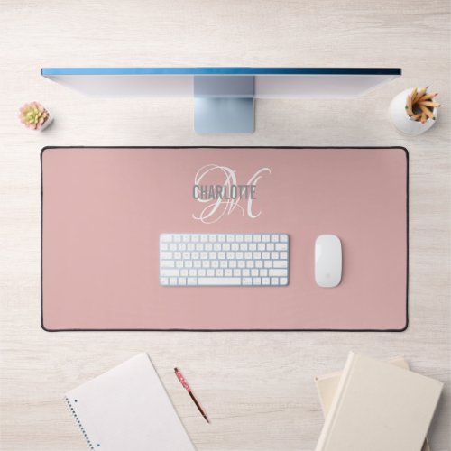 Elegant blush pink monogram name desk mat