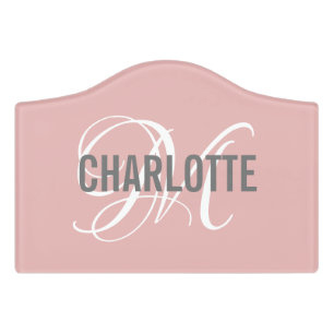 Elegant blush pink monogram name door sign