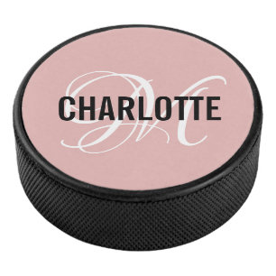 Elegant blush pink monogram name hockey puck