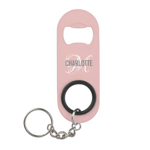 Elegant blush pink monogram name  keychain bottle opener