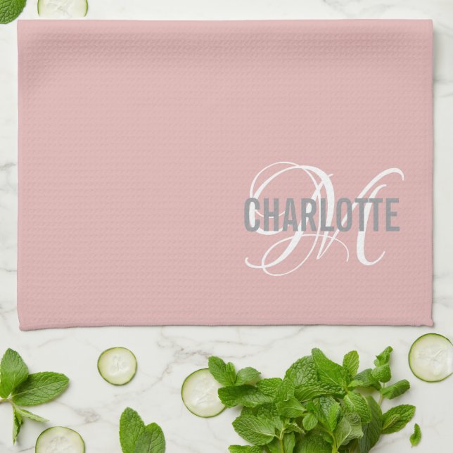 Elegant blush pink monogram name kitchen towel (Folded)