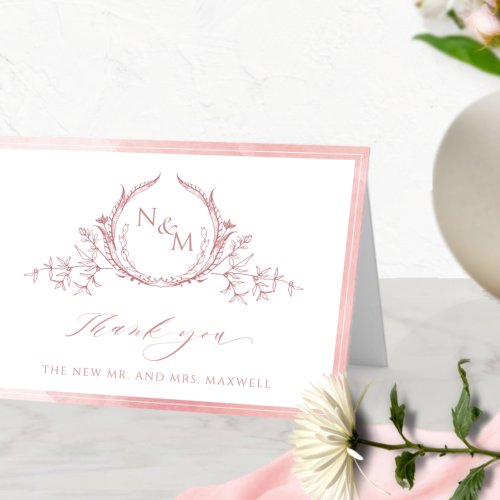 Elegant Blush Pink Monogram Watercolor Wedding Thank You Card