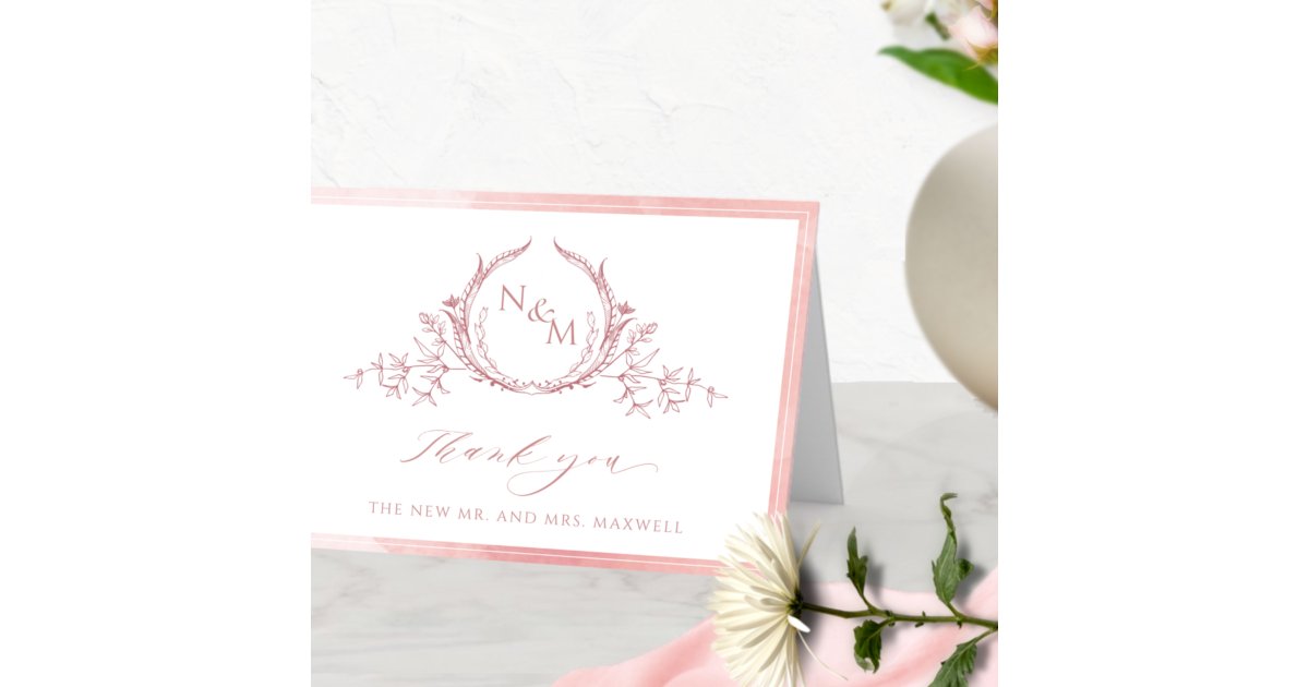 Elegant Blush Pink Monogram, Watercolor Wedding Thank You Card | Zazzle