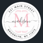 Elegant Blush Pink Monogram Wreath Return Address  Classic Round Sticker<br><div class="desc">Create Your Own Round Monogram Script Return Address Classic Round Sticker</div>