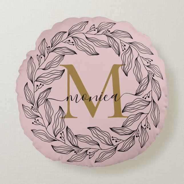 Elegant Blush Pink Monogrammed Floral Round Pillow (Front)