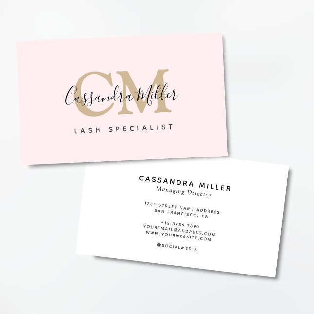 Elegant Blush Pink Monogrammed Name Professional Business Card (Monogram logo Beauty Specialist business card)