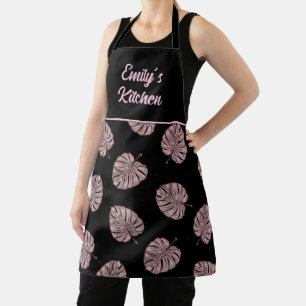 Elegant Blush Pink Monstera Leaf Black Kitchen Apron