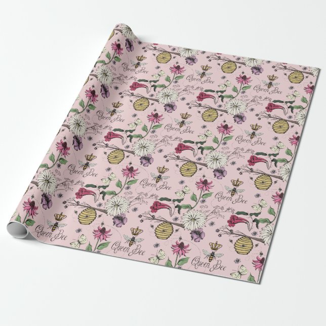 Elegant Blush Pink Mothers Day Queen Bee & Flowers Wrapping Paper (Unrolled)