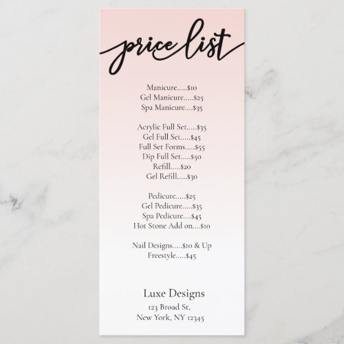 Elegant Blush Pink Nail Salon Price List Cards