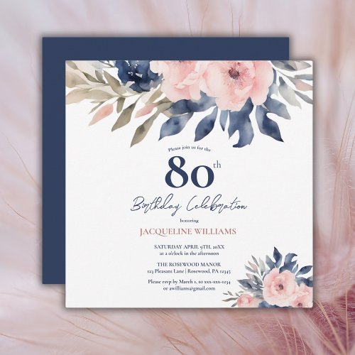 Elegant Blush Pink Navy Blue Floral 80th Birthday