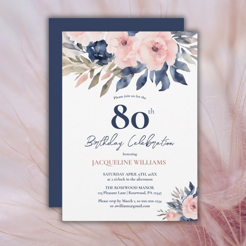 Elegant Blush Pink Navy Blue Floral 80th Birthday Invitation