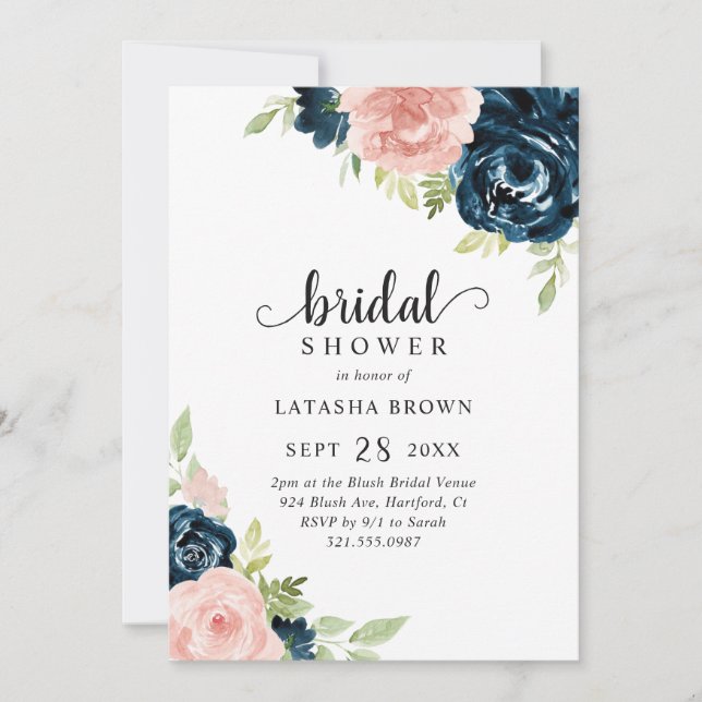Elegant Blush Pink Navy Blue Floral Bridal Shower Invitation (Front)