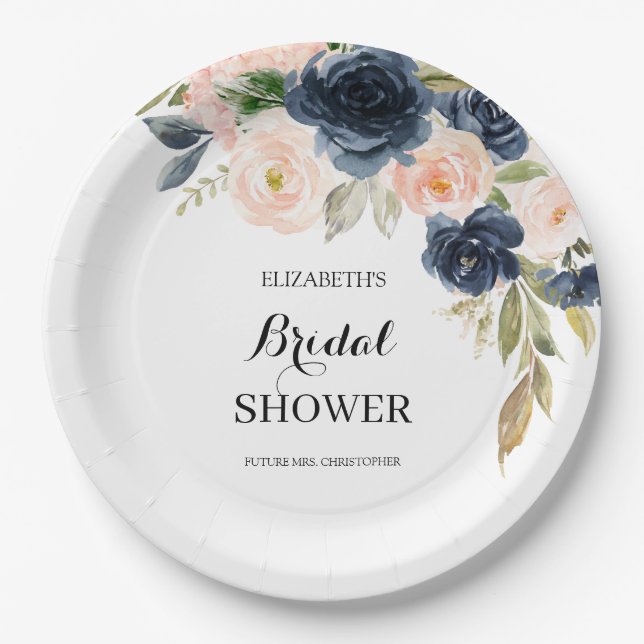 Elegant Blush Pink Navy Blue Floral Bridal Shower Paper Plates (Front)