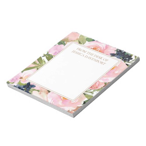 Elegant Blush Pink Navy Blue Floral From Desk Notepad