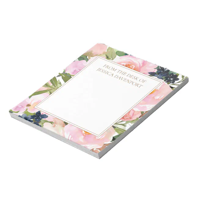 Elegant Blush Pink Navy Blue Floral From Desk Notepad | Zazzle