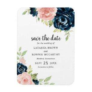 Elegant Blush Pink Navy Blue Floral Save The Date Magnet