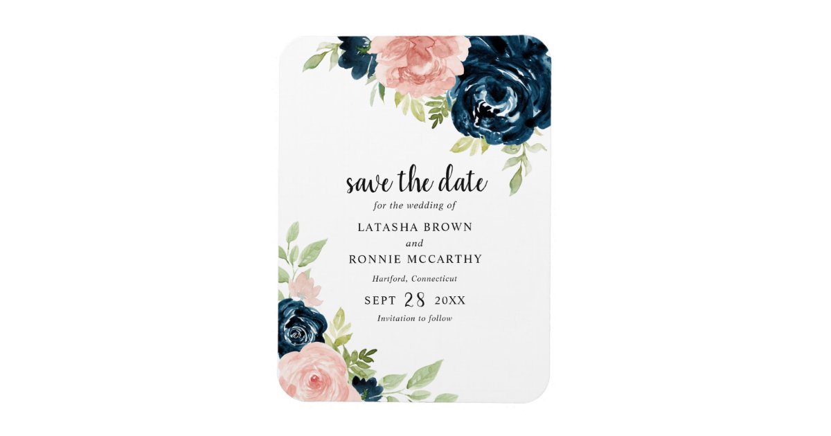 Elegant Blush Pink Navy Blue Floral Save The Date Magnet | Zazzle