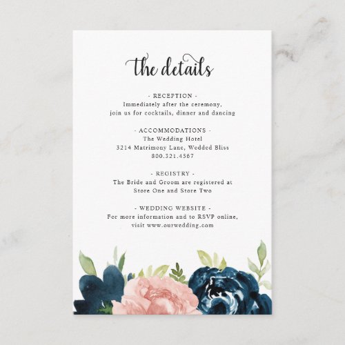 Elegant Blush Pink Navy Blue Floral Wedding Enclosure Card