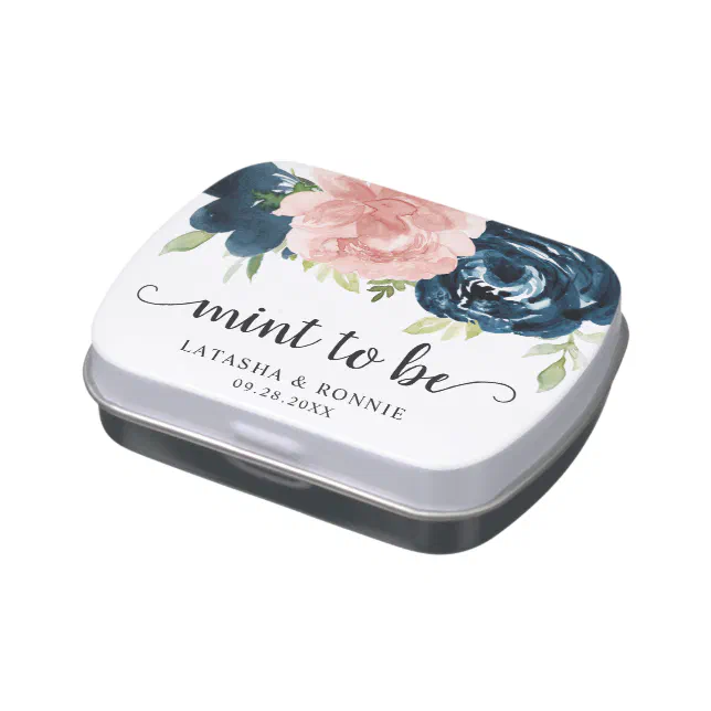 Elegant Blush Pink Navy Blue Floral Wedding Favor Candy Tin | Zazzle