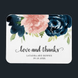 Elegant Blush Pink Navy Blue Floral Wedding Favor Magnet<br><div class="desc">Rustic floral wedding favor magnet featuring "love and thanks" along with elegant watercolor painted flowers in blush pink and navy blue. Below are your names and date. The blush pink roses make this design great for a spring celebration and the navy blue roses make it great for fall. These custom...</div>