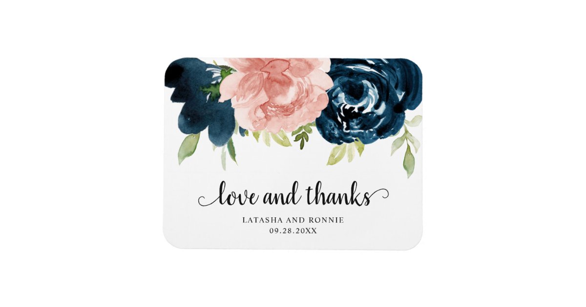 Elegant Blush Pink Navy Blue Floral Wedding Favor Magnet | Zazzle