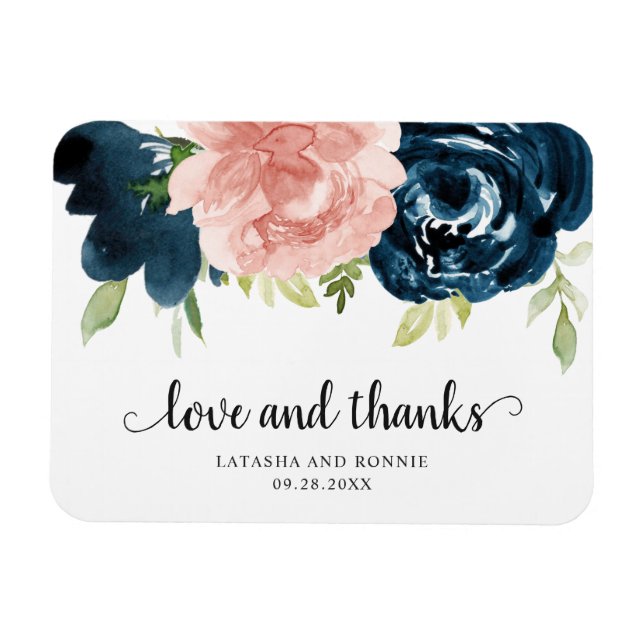 Elegant Blush Pink Navy Blue Floral Wedding Favor Magnet (Horizontal)