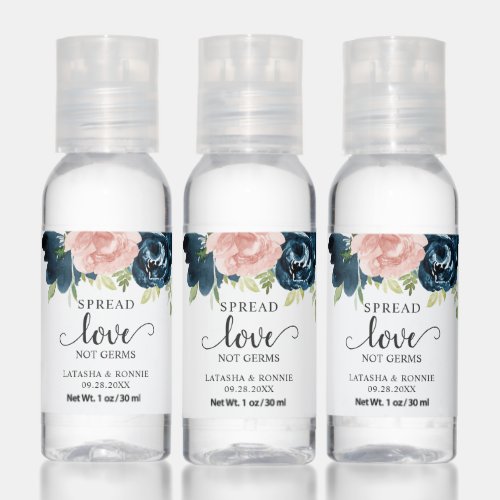 Elegant Blush Pink Navy Blue Floral Wedding Hand Sanitizer